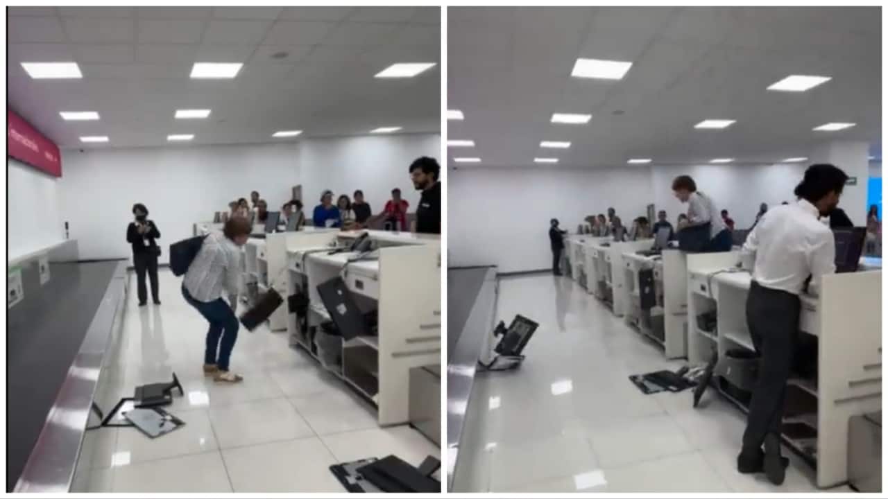 Wanita melempar komputer ke tanah di bandara karena kehilangan reservasi.  Video