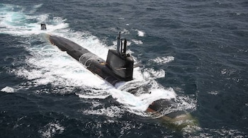 INS Kalvari, first of six Scorpene class submarines constructed at the Mazagon Dock under Project 75 (Kalvari Class) commissioned into Indian Navy. (Image courtesy: Indian Navy)