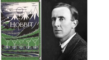 J.R.R. Tolkien (right) himself made the artwork that was used as the dust jacket for the first 1937 Allen & Unwin hardback edition of The Hobbit. (Photos via Wikimedia Commons)