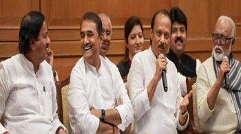 Maharashtra Deputy CM Ajit Pawar with Chhagan Bhujbal, Praful Patel, Sunil Tatkare and others during a press conference, in Mumbai, on July 3, 2023. (PTI Photo)