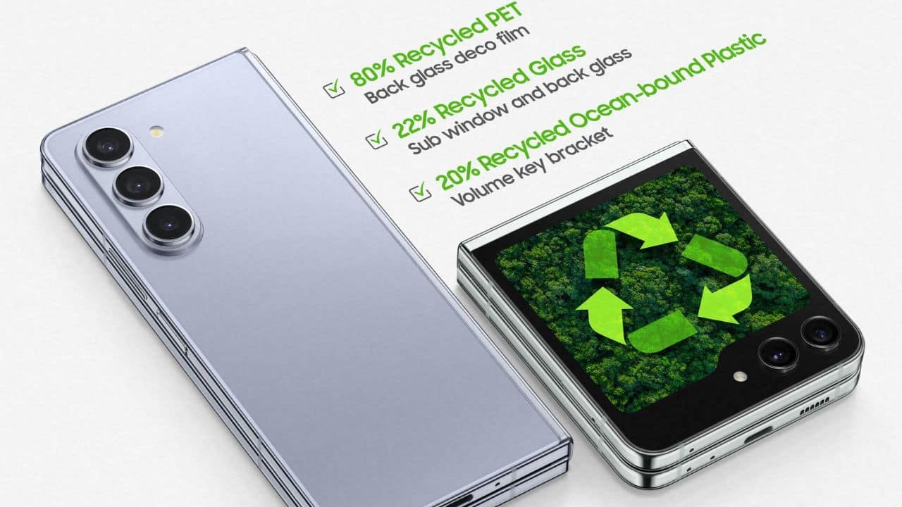 The Galaxy Z Flip5 and Fold5 feature a wider variety of recycled materials than their previous generations, including pre-consumer recycled glass and aluminium and post-consumer recycled plastics, sourced from discarded fishing nets, water barrels and PET bottles (Image: Samsung Electronics)