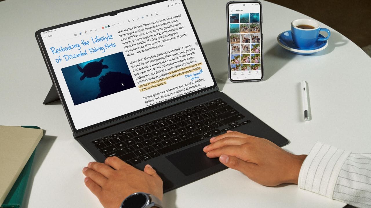 Galaxy Tab S9 smart book cover that stands all on its own, adjust the device to either portrait or landscape orientation for hands-free viewing. (Image: Samsung Electronics)