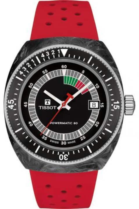 the watch now comes with three perforated rubber straps – in yellow, red, and blue – with the signature bracelet fastening system. The watch gets the Powermatic 80 Nivachron movement and a new skeletonized rotor and is water resistant up to 300 metres.