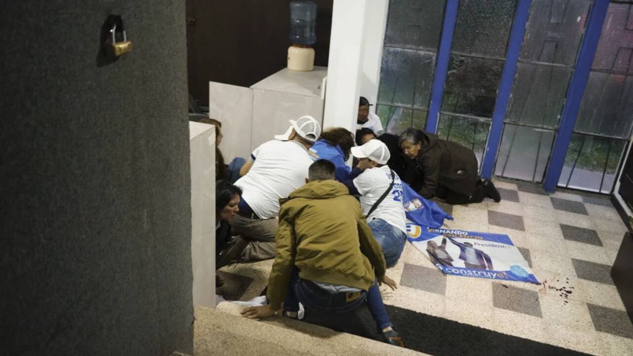 Backers of the presidential hopeful Fernando Villavicencio seek shelter as gunfire erupts, fatally striking him during a campaign rally near a school in Quito, Ecuador, on Wednesday, August 9, 2023. (Image: AP) Backers of the presidential hopeful Fernando Villavicencio seek shelter as gunfire erupts, fatally striking him during a campaign rally near a school in Quito, Ecuador, on Wednesday, August 9, 2023. (Image: AP)
