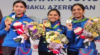 Air Rifle team comprising (from left) Tilottama Sen, Mehuli Ghosh & Ramita also won gold in the team competition at the Baku Shooting World Championship (Image: @OfficialNRAI/Twitter)