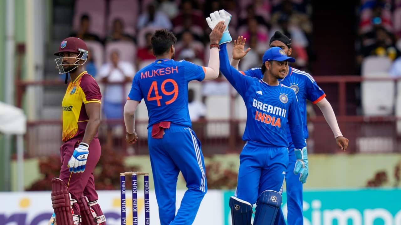 Chasing a target of 153, West Indies dropped from 126-4 to 129-8. The collapse started when Mukesh Kumar dismissed top-scorer Nicholas Pooran, who hit 67 runs in 40 balls. (Source: AP)