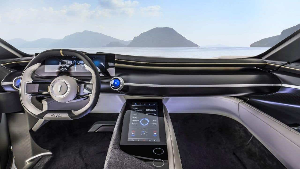 On the inside, the EV comes complete with all the features you would expect from a flagship car today. Instrumentation is digital, a head-up display is standard and there are two round screens flanking the driver’s display as well. The infotainment screen has been integrated into the centre console allowing for the dash to have one single uninterrupted design. (Image: Automobili Pininfarina)
