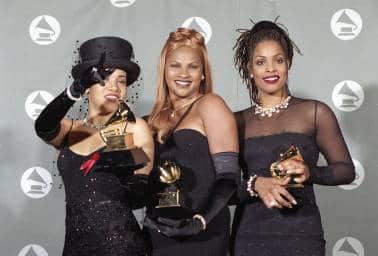 Salt N' Pepa display the awards they won for Best Rap Duo or Group Performance at the 37th annual Grammy Awards at the Shrine Auditorium, Los Angeles, in March 1995. Women have fought to establish their footing in the hip-hop movement and demand recognition. (AP Photo)