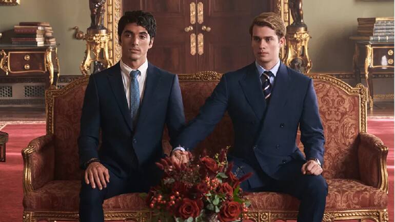 Alex Henry appear before the King in a still from the film.