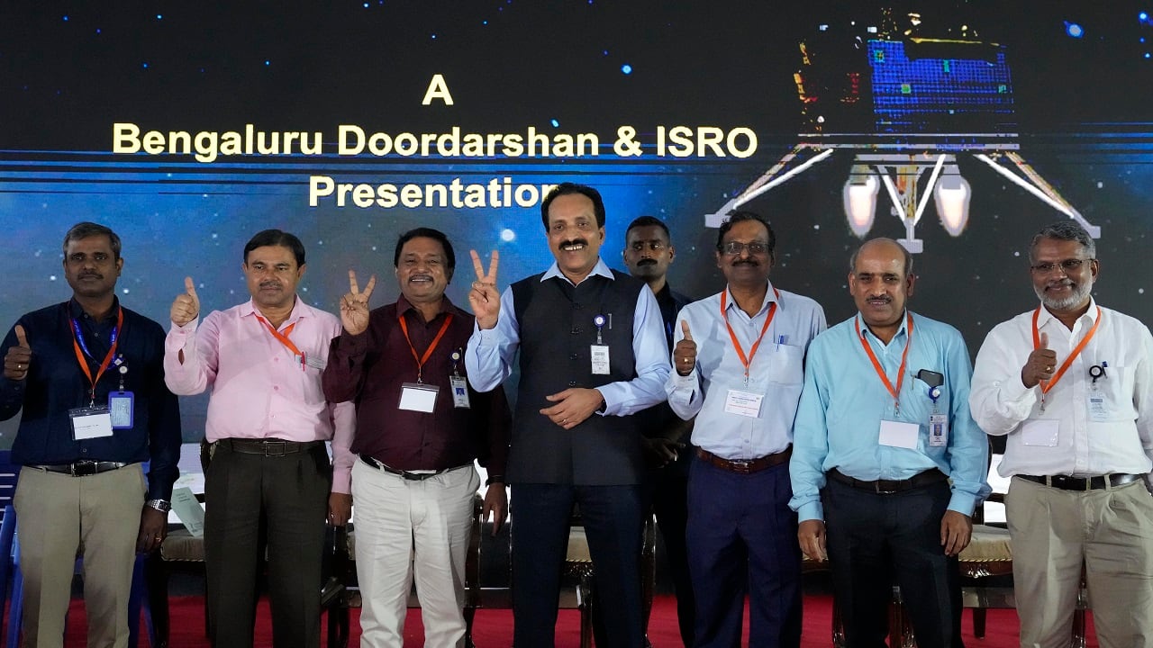 ISRO Chairman S Somanath and his officers celebrate the successful landing of spacecraft on the moon (AP Photo)