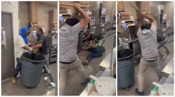 A Sikh man had taken matters into his own hands, found a sturdy stick and had begun to hit the robber as the other man held his hands. (Screengrab from video shared by @dannydeurbina on Twitter)