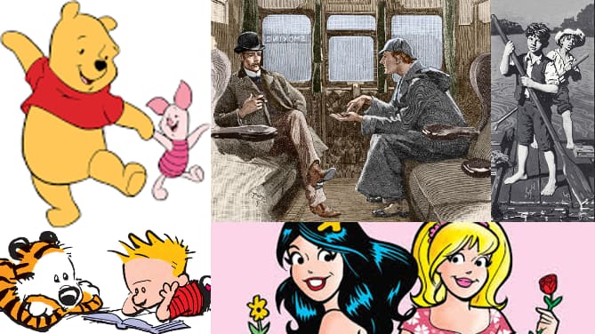 Fictional friends (clockwise, from top, left) Pooh and Piglet,  Sherlock Holmes and Dr Watson, Huckleberry Finn and Tom Sawyer, Betty and Veronica, and Calvin and Hobbes.  and .