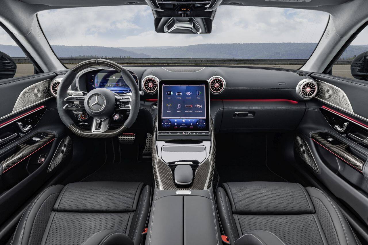 A 12.3-inch driver’s display comes standard as well as an 11.9-inch portrait-oriented infotainment unit. Both these feature AMG-specific graphics and feature the AMG Track Pace function. This feature displays up to 40 different vehicle parameters, including lap times, steering angle and brake pedal actuation. The new sport seats at the front come with an optional ventilation feature as well as bolsters that adjust automatically depending on the driving mode. (Image: Mercedes-AMG)