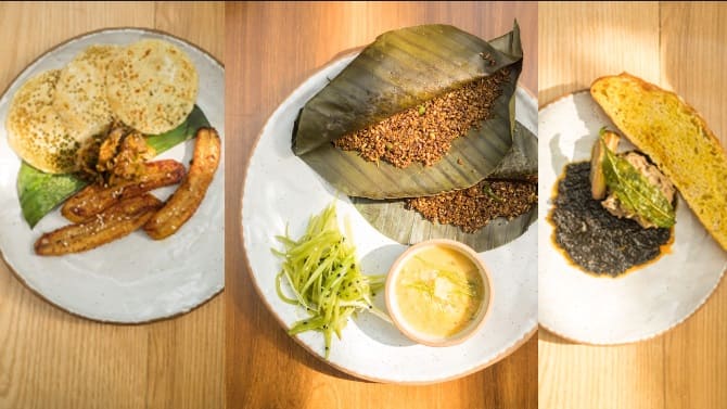 (From left) OMO Cafe - Caramelized Naga Banana with burnt onion Salsa; Black Rice steamed cake with timur beurre; OMO Cafe - Yam root and shoot with black sesame sauce and sourdough at OMO Cafe, Gurgaon. 
