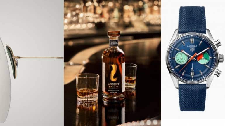 Ray-Ban Reverse with convex lenses; Legent Yamazaki Cask Finish Blend bourbon; and Tag Heuer Carrera Skipper.