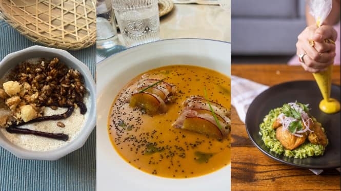 (From left) Sha bad ja panacotta; Tomato fish curry with perilla & ceviche; chicken dish by Tanisha Phanbuh.