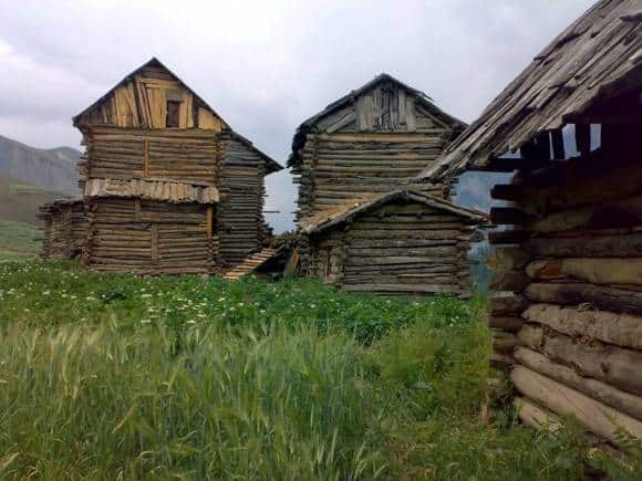 Wooden houses in Tulail valley, Kashmir.
