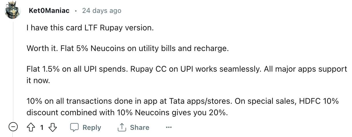 A Reddit post about the Tata Neu Infinity HDFC Bank credit card Source