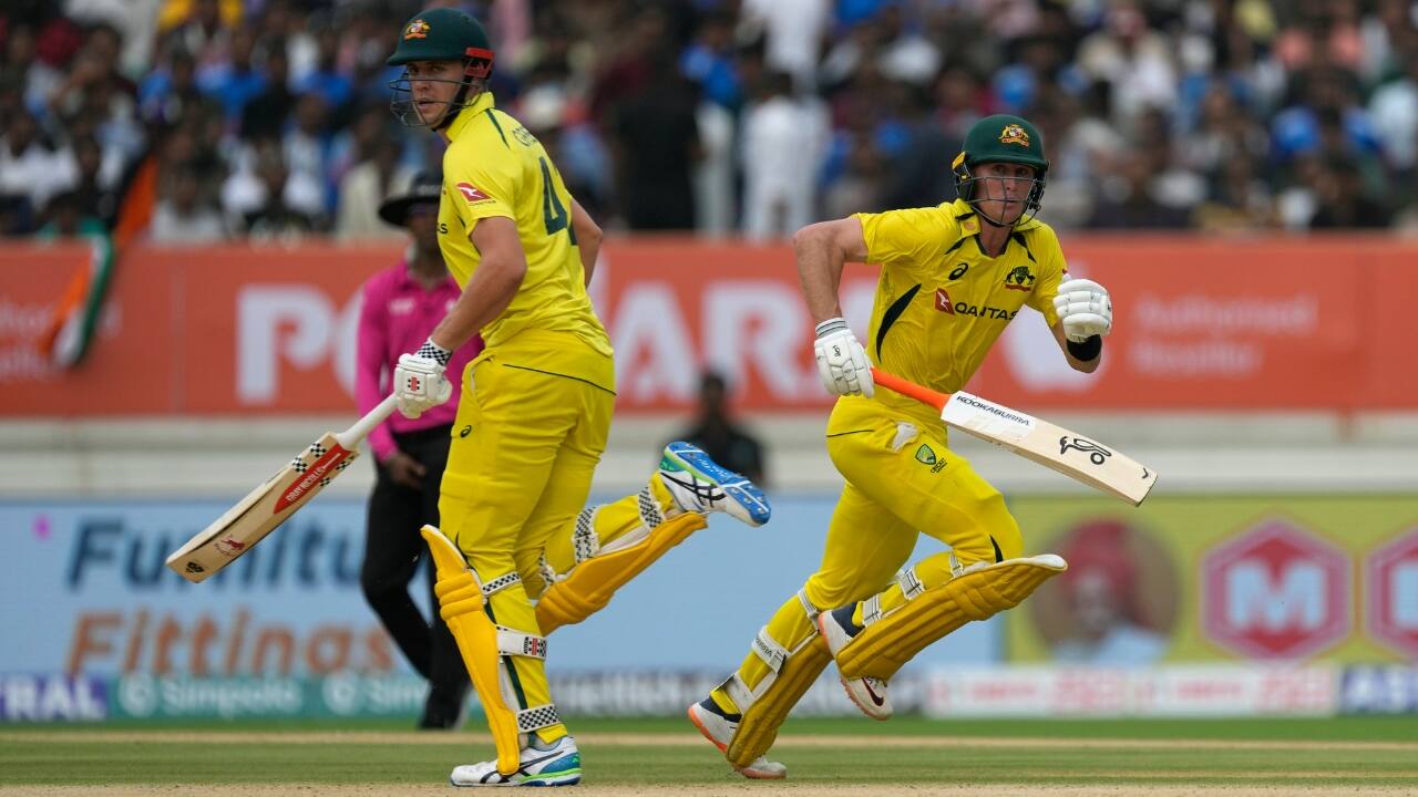 Australia was down to 299-6 in 42.3 overs as Cameron Green holed out off Yadav for nine. But Labuschagne held one end together and his innings included nine fours as Australia crossed the 350-mark. (Image: AP)