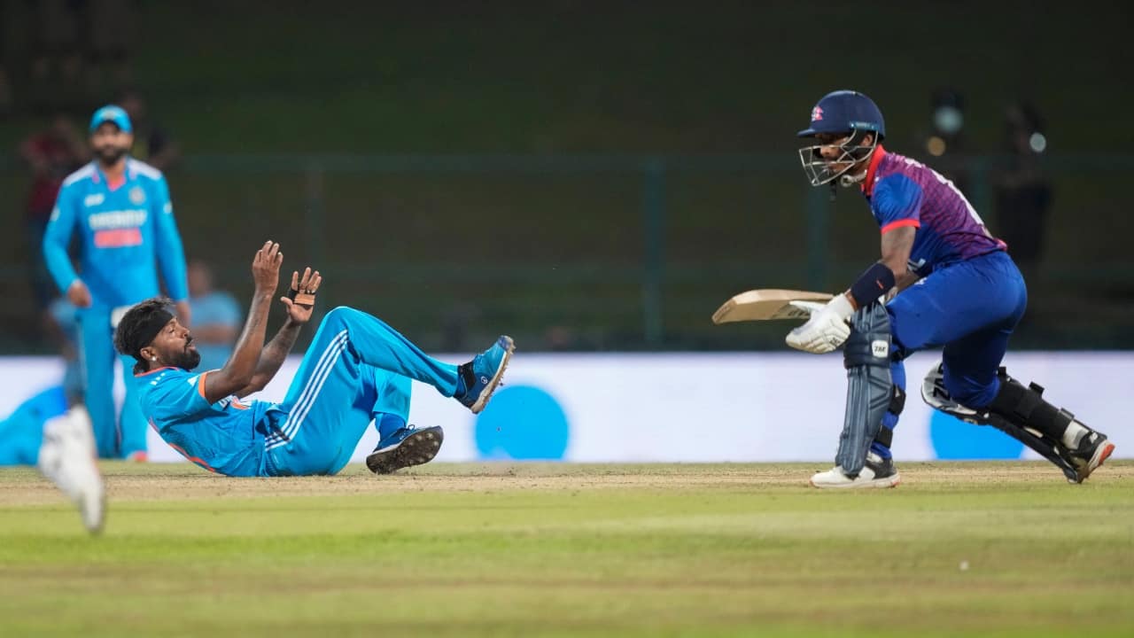 Hardik Pandya and Siraj then bowled well in the latter half of the innings after play resumed but Nepal’s No. 8 Kami made a well composed 48 off 56 balls that featured two sixes and a boundary before Siraj wrapped up the innings and returned with figures of 3-61. Shami, who was included in the playing XI because Jasprit Bumrah flew back home for the birth of his first child, took 1-29. (Image: AP)