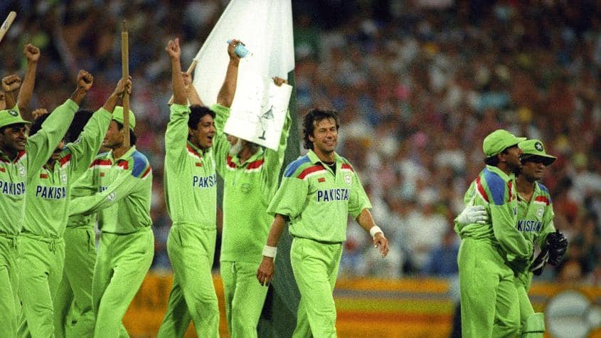 As coloured kits made their debut, Pakistan  lifted the Cricket World Cup for the first time in 1992, under the leadership of Imran Khan.