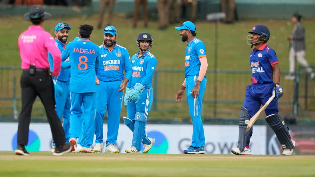 India had a lackluster start to its last group game after Sharma won the toss and elected to field under overcast conditions with three catches going down inside the first five overs. Spinners Ravindra Jadeja and Kuldeep Yadav took control in the middle overs as Nepal was bowled out in 48.2 overs. (Image: AP)