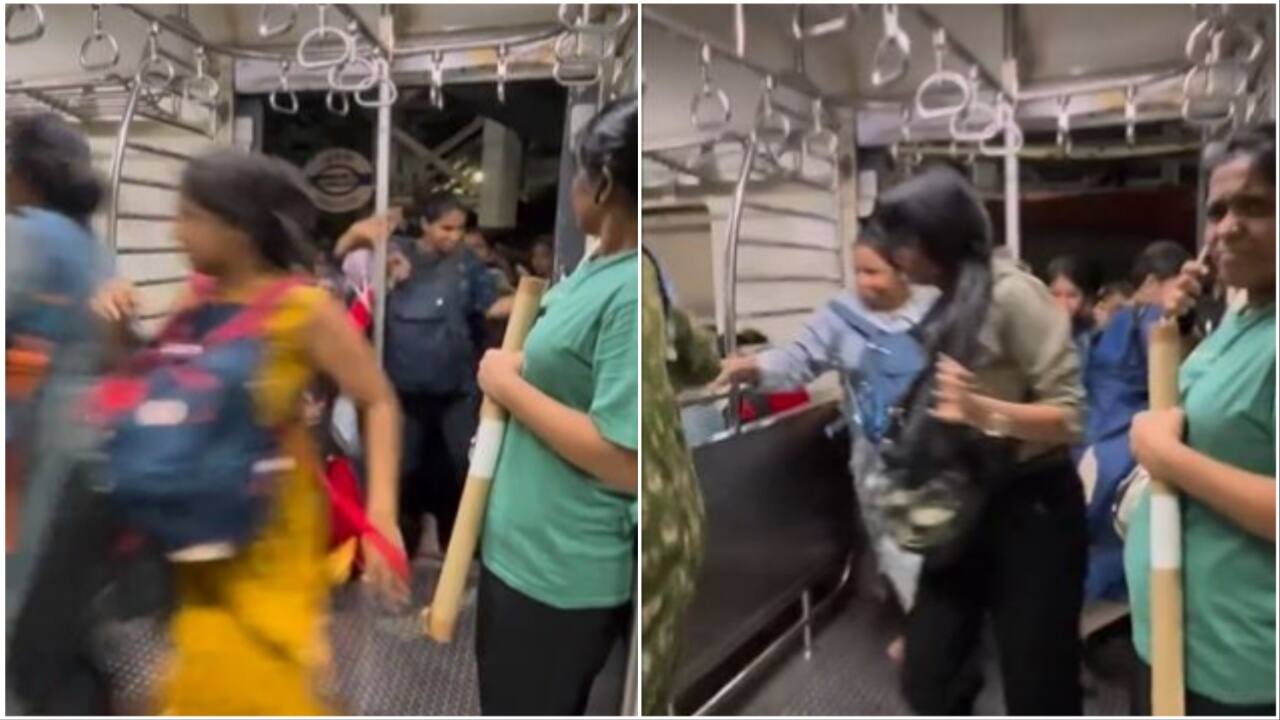 Stills from a viral video of Mumbai local train's a ladies compartment.