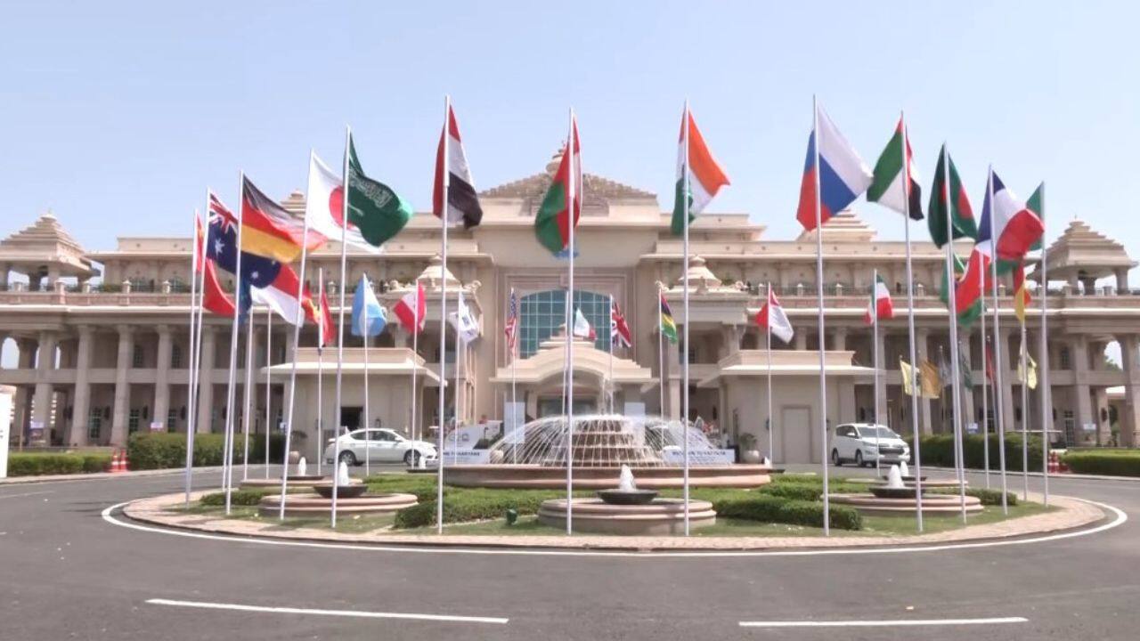ITC Grand Bharat Hotel in Gurugram has been decorated beautifully and the flags of all G20 members can be seen outside the hotel ahead of the Sherpa meeting. (Image: ANI)
