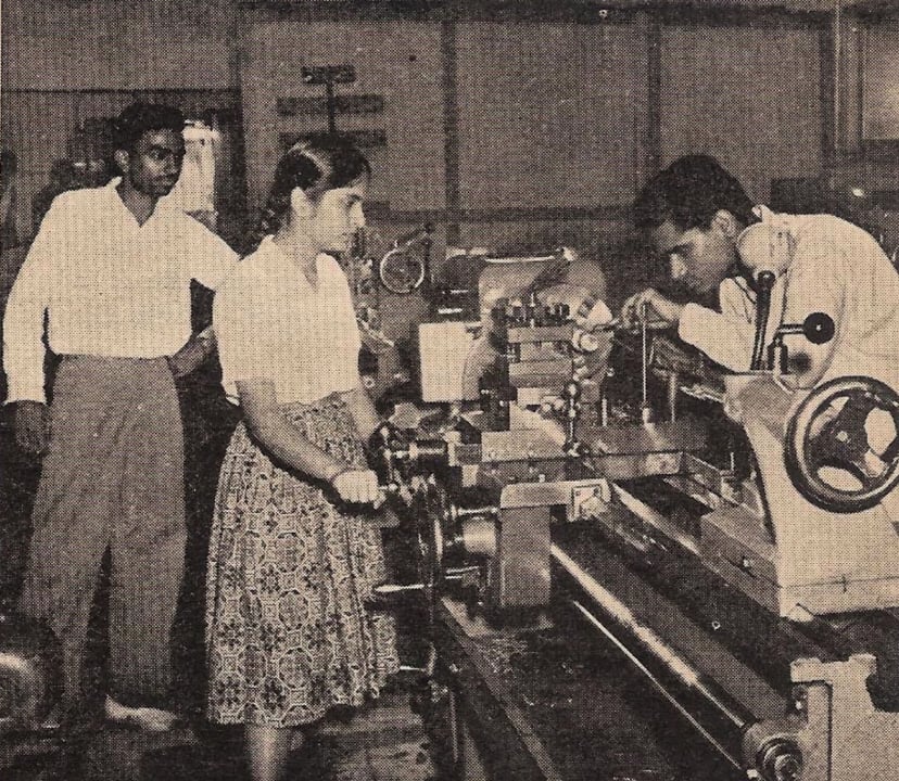 IIT-Bombay’s first girl student, Tejaswini Saraf, being admitted to the secret life of machines. Saraf took up electrical engineering in 1960 and was the lone female student among 300 boys. (Photo courtesy: IIT Bombay)
