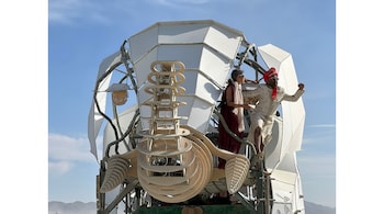 A rigged-up white elephant-shaped art van, named Funkdelephant, that blared Bollywood music during the baraat of an Indian wedding, a first at the recent Burning Man festival in Nevada, US.