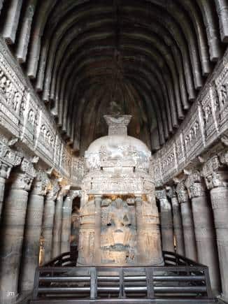 The caves of Ajanta are cut out into the steep face of a rocky horse-shoe shaped cliff, hewn out by sculptors who would have been belayed from ropes from top of the cliff. (Photo: Jayanthi Madhukar)