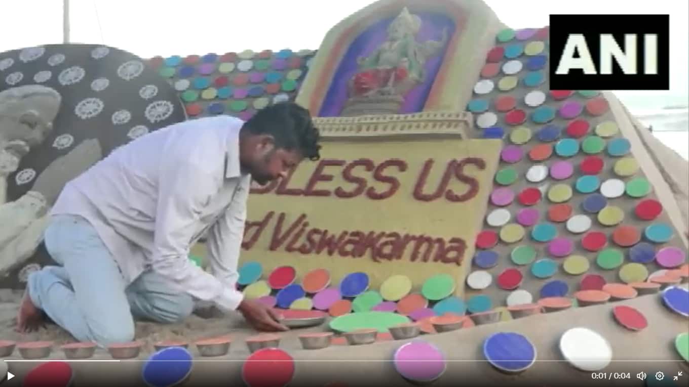 An artist in Puri district of Odisha made a sand art ahead of Prime Minister Narendra Modi's birthday. (Image: ANI)