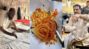 (from left) A Bhairavgarh batik workshop; poha jalebi; and dahi bhalla with 'chatpata masala' in Indore. (Photos by Ashwin Rajagopalan)