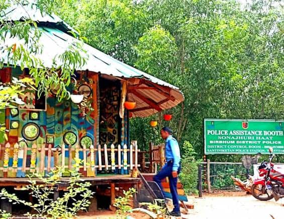 The police outpost, too, at the Sonajhuri Haat area bears colourful decorative motifs. (Photo: Shamik Bag)