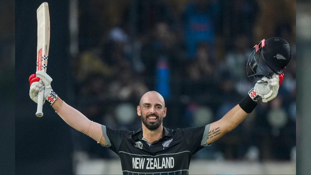 Mitchell brought up his first World Cup hundred – and fifth overall – off 100 balls. He held one end together as India fought back. (Image: AP)