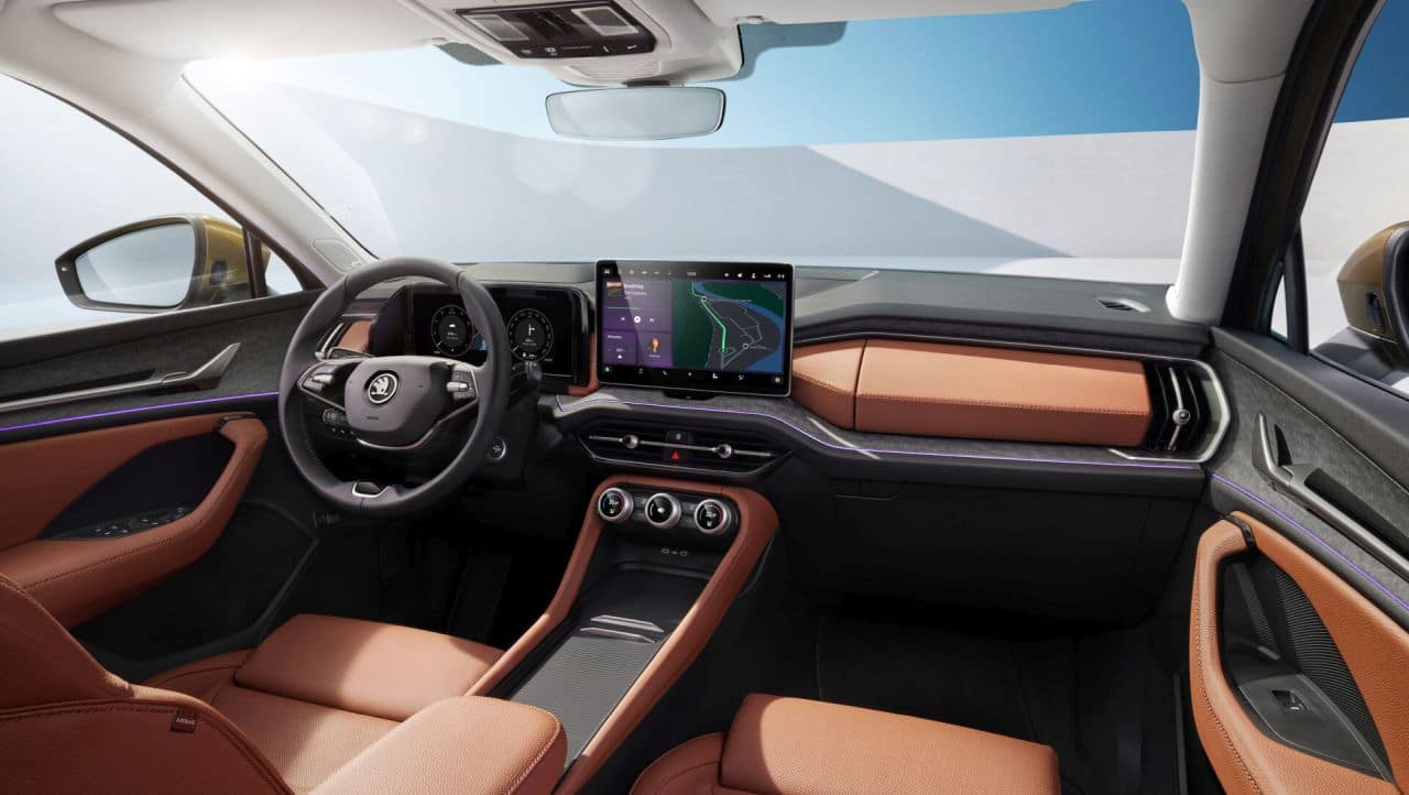 There’s nothing else below that as the gear selector that used to sit on the centre console has been moved to a stick behind the steering wheel. This has freed up space for more storage now. Behind the steering wheel is a new 10.25-inch driver’s display complete with an optional head-up display. (Image: Skoda)