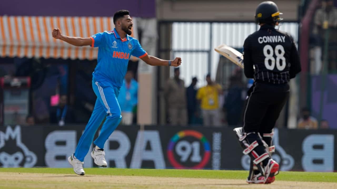 New Zealand lost Devon Conway for a nine-ball duck. He was out caught at square leg off Mohammed Siraj in the fourth over. It made for a slow start for the Black Caps and they were down to 19-2 in 8.1 overs. Man-of-the-match Shami bowled Will Young for 17. (Image: AP)