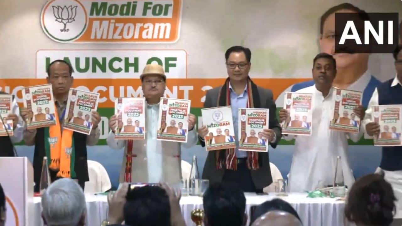  BJP President JP Nadda unveiled the party's 'vision paper' or manifesto for the Mizoram assembly election, pledging a Mizoram Sports Academy with scholarships for budding athletes and 33% reservation for women in government posts. Nadda stated at an event in Aizawl on October 27 that the BJP would also establish a Mizoram Olympic Mission. (Image: ANI)
