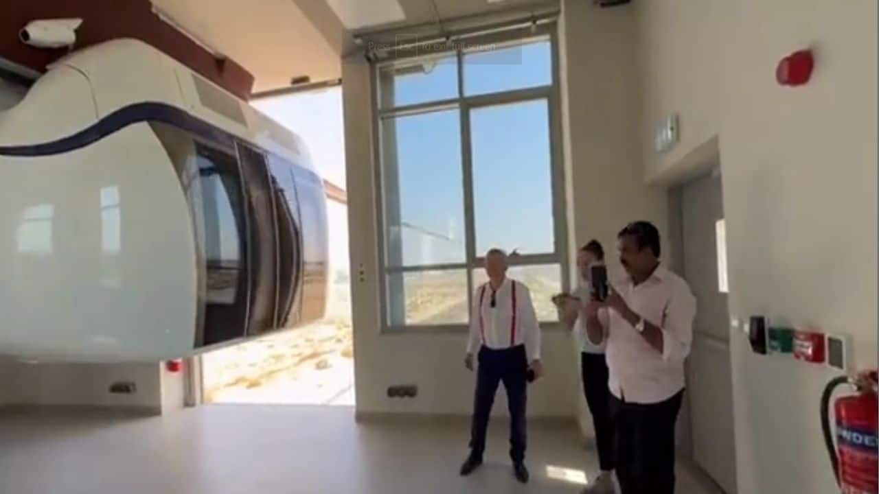Nitin Gadkari takes test ride of Sky Bus in Sharjah. See pictures