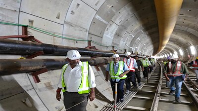 Karnataka Deputy CM DK Shivakumar inspects the underground Metro work in Bengaluru. 