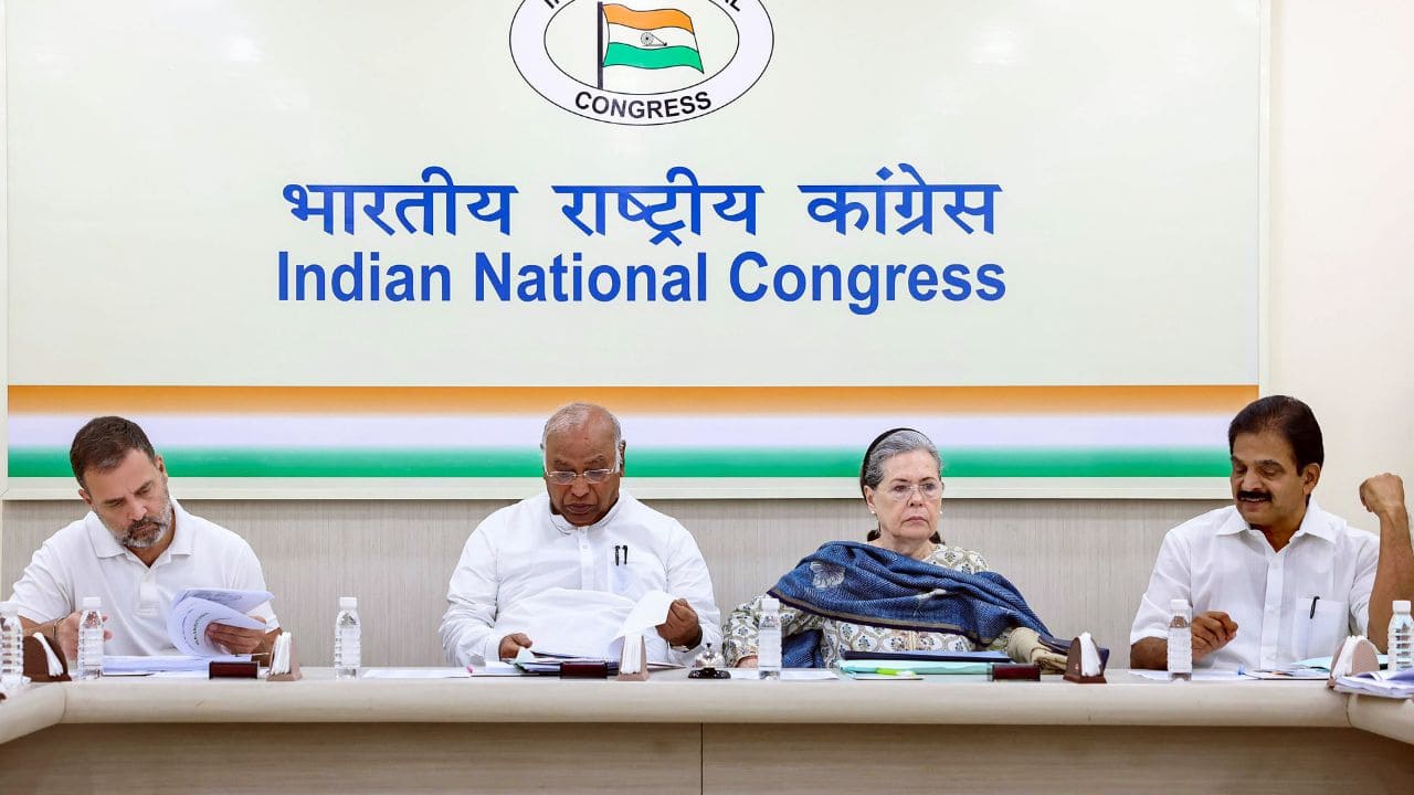 Congress leadership discussed candidates for upcoming Rajasthan Assembly polls. The meeting was attended by party president Mallikarjun Kharge, former leaders Rahul Gandhi and Sonia Gandhi, Rajathan CM Ashok Ghelot, AICC in-charge of state Sukhjinder Randhawa and others. The members deliberated on candidate names for the state polls to be held on November 25 (Image:PTI)
