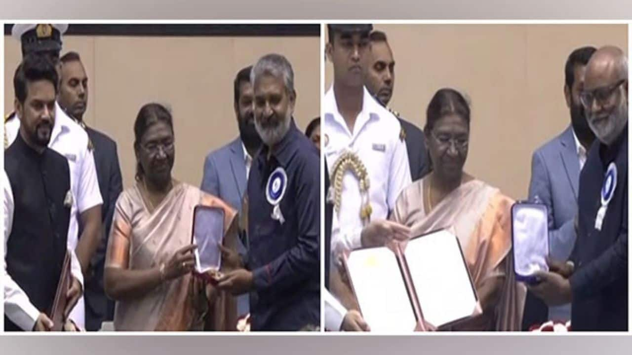 The hit film 'RRR' was named Best Popular Film Providing Wholesome Entertainment. Rajamouli was honoured in this category. MM Keeravani, the film's music composer, also received a National Award. (Image: ANI)