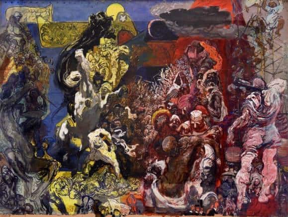 The reworked painting of 'The East 1948' by Feliks Topolski displayed at Rashtrapati Bhavan