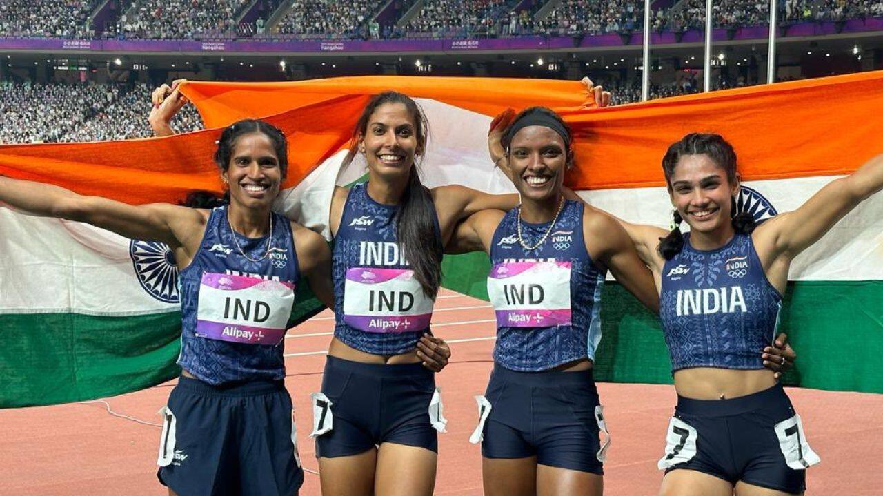 The outstanding quartet of Vithya Ramraj, Aishwarya Kailash Mishra, Prachi, and Subha Venkatesan bagged a silver medal in the Women's 4x400m Relay at the Asian Games. (Image: X/Anurag Thakur)