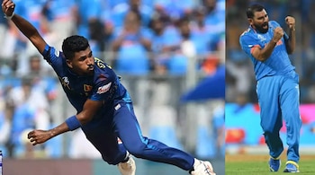 Sri Lankan bowler Dilshan Madushanka (left) and India's Mohammed Shami.
