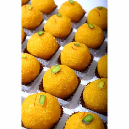 Kesar motichoor laddoo at Khoya Sweets, Delhi.
