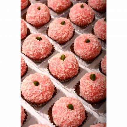 Pink coconut laddoo at Khoya, Delhi.