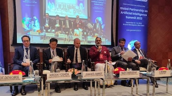 MoS for Electronics and Information Technology Rajeev Chandrasekhar addressing the press at GPAI Summit