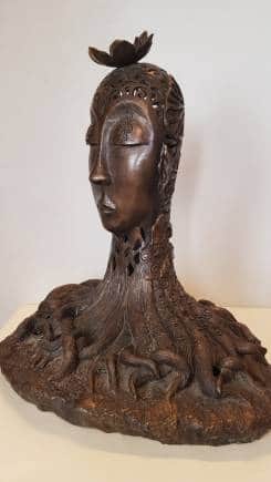 Delhi-based artist Sonia Sareen's brass sculpture Bhavnamay (2015) shows an earth goddess in a sculpted head. (Photo courtesy Shazid Chauhan)