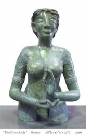 The late Rini Dhumal's 2017 bronze sculpture, Green Goddess, explores the mythic and divine. (Photo courtesy Shazid Chauhan)